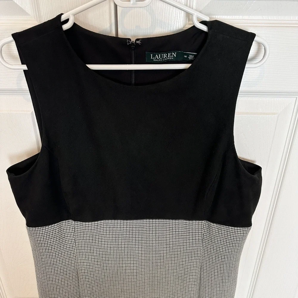 LAUREN RALPH LAUREN Black Suede Bodice Houndstooth Print Sleeveless Dress‎ Sz 16